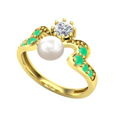 Ner İnci Yüzük - Inci, pırlanta ve kök zümrüt 14 ayar altın yüzük (0.35 karat) #n3ffvx