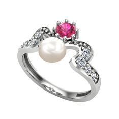 Ner İnci Yüzük - Inci, rodolit garnet ve swarovski 8 ayar beyaz altın yüzük #n3r87t