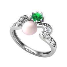 Pembe inci, yeşil kuvars ve pırlanta 14 ayar beyaz altın yüzük (0.48 karat)
