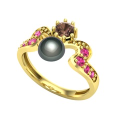 Siyah inci, dumanlı kuvars ve rodolit garnet 8 ayar altın yüzük
