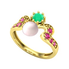 Ner İnci Yüzük - Pembe inci, kök zümrüt ve rodolit garnet 14 ayar altın yüzük #nw33fm