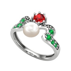 Ner İnci Yüzük - Inci, garnet ve yeşil kuvars 18 ayar beyaz altın yüzük #nxwdv6