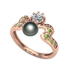 Siyah inci, beyaz zirkon ve peridot 14 ayar rose altın yüzük