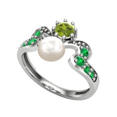 Ner İnci Yüzük - Inci, peridot ve yeşil kuvars 18 ayar beyaz altın yüzük #o0rk5r