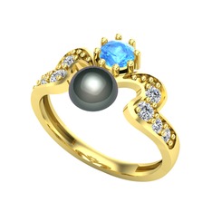 Ner İnci Yüzük - Siyah inci, akuamarin ve swarovski 14 ayar altın yüzük #o9o5vo