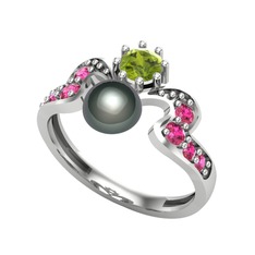 Siyah inci, peridot ve rodolit garnet 14 ayar beyaz altın yüzük
