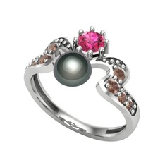 Ner İnci Yüzük - Siyah inci, rodolit garnet ve dumanlı kuvars 14 ayar beyaz altın yüzük #oxnsn5