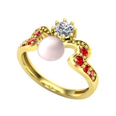 Ner İnci Yüzük - Pembe inci, swarovski ve garnet 925 ayar altın kaplama gümüş yüzük #p6ta8o