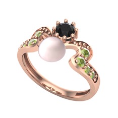 Ner İnci Yüzük - Pembe inci, siyah zirkon ve peridot 925 ayar rose altın kaplama gümüş yüzük #p9isim