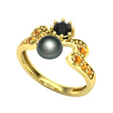 Ner İnci Yüzük - Siyah inci, siyah zirkon ve sitrin 14 ayar altın yüzük #pc01h0