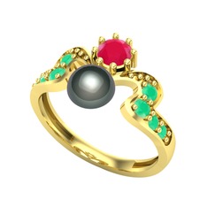 Ner İnci Yüzük - Siyah inci, kök yakut ve kök zümrüt 18 ayar altın yüzük #pgscin