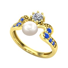 Inci, beyaz zirkon ve lab safir 14 ayar altın yüzük