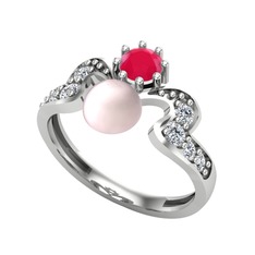 Ner İnci Yüzük - Pembe inci, kök yakut ve swarovski 14 ayar beyaz altın yüzük #pqchzt