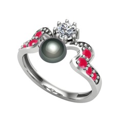 Ner İnci Yüzük - Siyah inci, swarovski ve kök yakut 14 ayar beyaz altın yüzük #ptc6t5