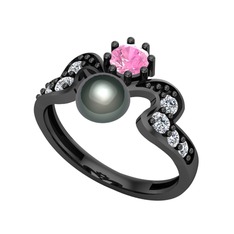 Ner İnci Yüzük - Siyah inci, pembe kuvars ve beyaz zirkon 925 ayar siyah rodyum kaplama gümüş yüzük #q4zq17
