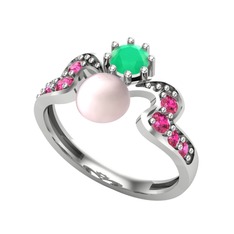 Pembe inci, kök zümrüt ve rodolit garnet 18 ayar beyaz altın yüzük