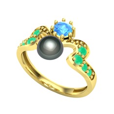Ner İnci Yüzük - Siyah inci, akuamarin ve kök zümrüt 18 ayar altın yüzük #qntb73