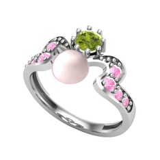 Ner İnci Yüzük - Pembe inci, peridot ve pembe kuvars 14 ayar beyaz altın yüzük #qq53rx