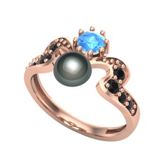 Ner İnci Yüzük - Siyah inci, akuamarin ve siyah zirkon 8 ayar rose altın yüzük #r2q1o6