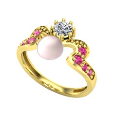 Ner İnci Yüzük - Pembe inci, beyaz zirkon ve rodolit garnet 18 ayar altın yüzük #r4yp8a