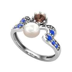 Ner İnci Yüzük - Inci, dumanlı kuvars ve lab safir 18 ayar beyaz altın yüzük #r62a0q