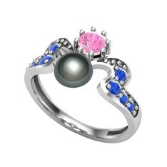Ner İnci Yüzük - Siyah inci, pembe kuvars ve lab safir 8 ayar beyaz altın yüzük #rpdp6x