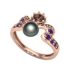 Ner İnci Yüzük - Siyah inci, dumanlı kuvars ve ametist 14 ayar rose altın yüzük #rzkprd