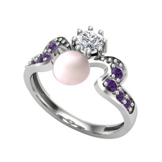 Ner İnci Yüzük - Pembe inci, pırlanta ve ametist 18 ayar beyaz altın yüzük (0.35 karat) #s22nhu