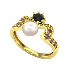 Ner İnci Yüzük - Inci, siyah zirkon ve dumanlı kuvars 18 ayar altın yüzük #s38nsu