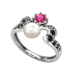 Ner İnci Yüzük - Inci, rodolit garnet ve siyah zirkon 14 ayar beyaz altın yüzük #s7drvv