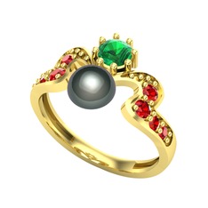 Ner İnci Yüzük - Siyah inci, yeşil kuvars ve garnet 18 ayar altın yüzük #sdu38c