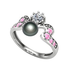 Ner İnci Yüzük - Siyah inci, swarovski ve pembe kuvars 18 ayar beyaz altın yüzük #sdv2g0