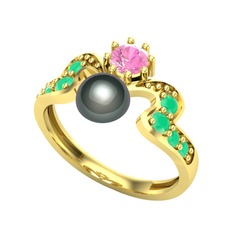 Ner İnci Yüzük - Siyah inci, pembe kuvars ve kök zümrüt 14 ayar altın yüzük #ssp6dl