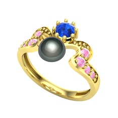 Ner İnci Yüzük - Siyah inci, lab safir ve pembe kuvars 18 ayar altın yüzük #sw9obx