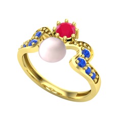 Ner İnci Yüzük - Pembe inci, kök yakut ve lab safir 14 ayar altın yüzük #t15baj