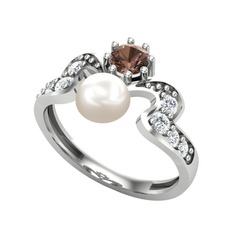 Inci, dumanlı kuvars ve pırlanta 14 ayar beyaz altın yüzük (0.48 karat)