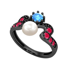 Ner İnci Yüzük - Inci, akuamarin ve kök yakut 925 ayar siyah rodyum kaplama gümüş yüzük #tkcbcn
