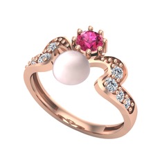 Pembe inci, rodolit garnet ve beyaz zirkon 8 ayar rose altın yüzük