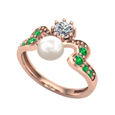 Ner İnci Yüzük - Inci, beyaz zirkon ve yeşil kuvars 14 ayar rose altın yüzük #u7w88n