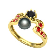 Siyah inci, siyah zirkon ve garnet 14 ayar altın yüzük