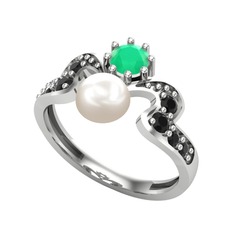 Ner İnci Yüzük - Inci, kök zümrüt ve siyah zirkon 14 ayar beyaz altın yüzük #un9mzp