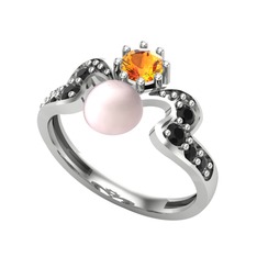Ner İnci Yüzük - Pembe inci, sitrin ve siyah zirkon 14 ayar beyaz altın yüzük #uobkdb