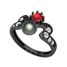 Siyah inci, garnet ve pırlanta 925 ayar siyah rodyum kaplama gümüş yüzük (0.48 karat)