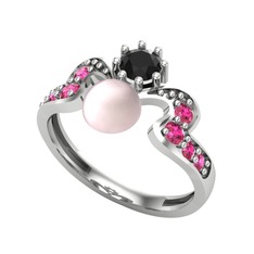 Ner İnci Yüzük - Pembe inci, siyah zirkon ve rodolit garnet 18 ayar beyaz altın yüzük #uvvo6