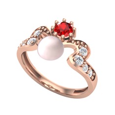 Ner İnci Yüzük - Pembe inci, garnet ve pırlanta 14 ayar rose altın yüzük (0.48 karat) #v10pak