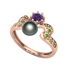 Siyah inci, ametist ve peridot 8 ayar rose altın yüzük
