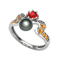 Ner İnci Yüzük - Siyah inci, garnet ve sitrin 925 ayar gümüş yüzük #vjswdw