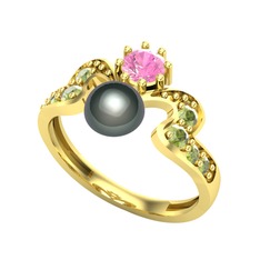 Ner İnci Yüzük - Siyah inci, pembe kuvars ve peridot 18 ayar altın yüzük #vpxhlc