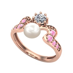 Inci, swarovski ve pembe kuvars 14 ayar rose altın yüzük