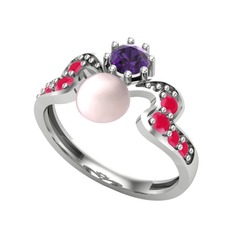 Ner İnci Yüzük - Pembe inci, ametist ve kök yakut 8 ayar beyaz altın yüzük #w331f3